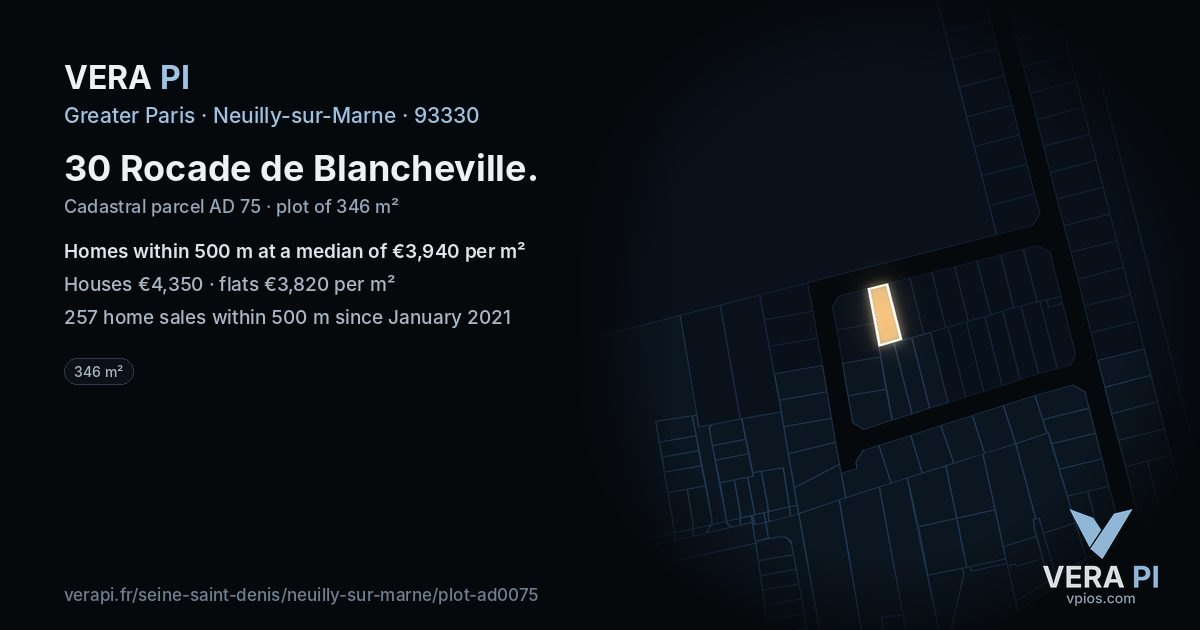 30 Rocade de Blancheville, Neuilly-sur-Marne at night – the plot lit, the parcels around coloured by the prices near them