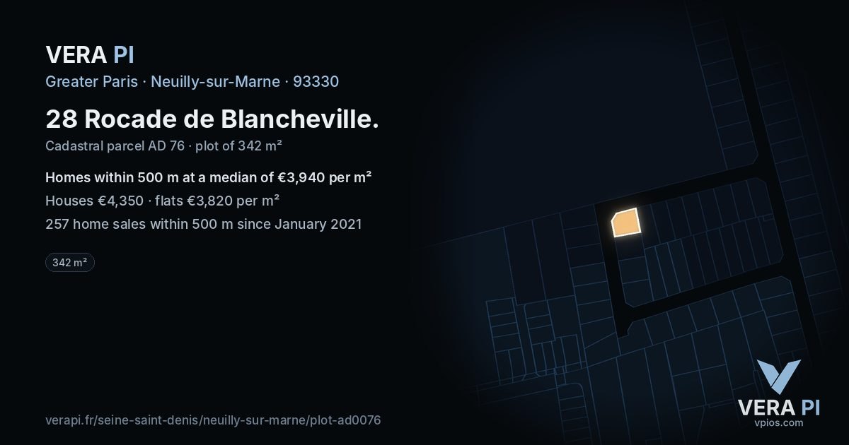 28 Rocade de Blancheville, Neuilly-sur-Marne at night – the plot lit, the parcels around coloured by the prices near them