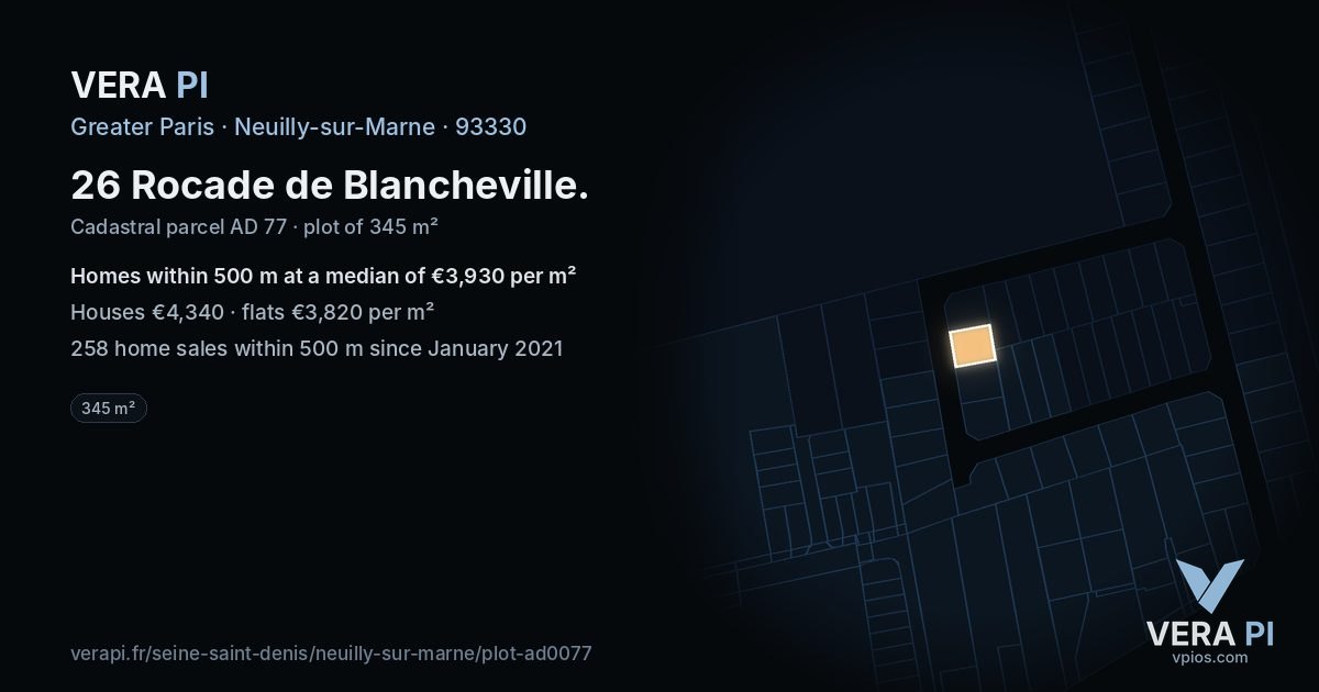 26 Rocade de Blancheville, Neuilly-sur-Marne at night – the plot lit, the parcels around coloured by the prices near them