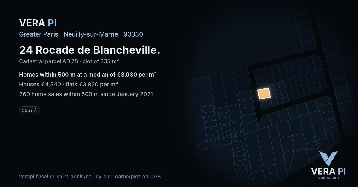 24 Rocade de Blancheville, Neuilly-sur-Marne at night – the plot lit, the parcels around coloured by the prices near them
