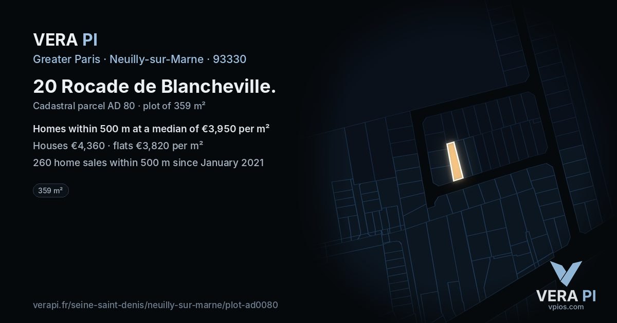 20 Rocade de Blancheville, Neuilly-sur-Marne at night – the plot lit, the parcels around coloured by the prices near them