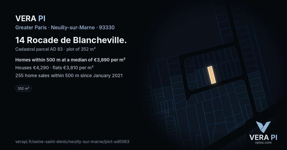 14 Rocade de Blancheville, Neuilly-sur-Marne at night – the plot lit, the parcels around coloured by the prices near them