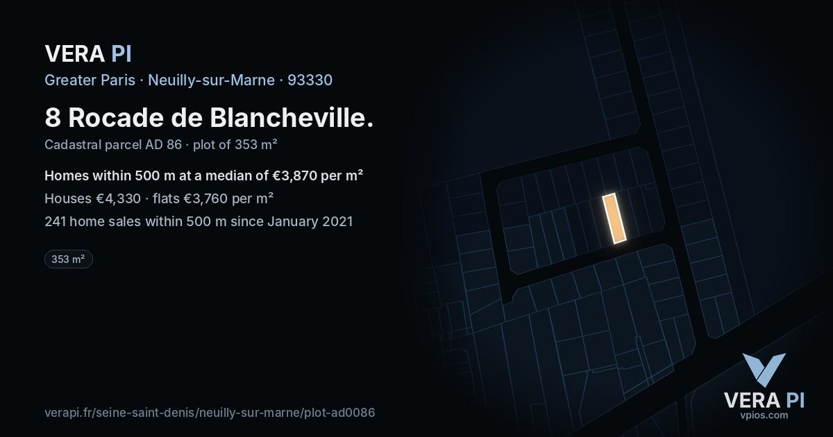 8 Rocade de Blancheville, Neuilly-sur-Marne at night – the plot lit, the parcels around coloured by the prices near them