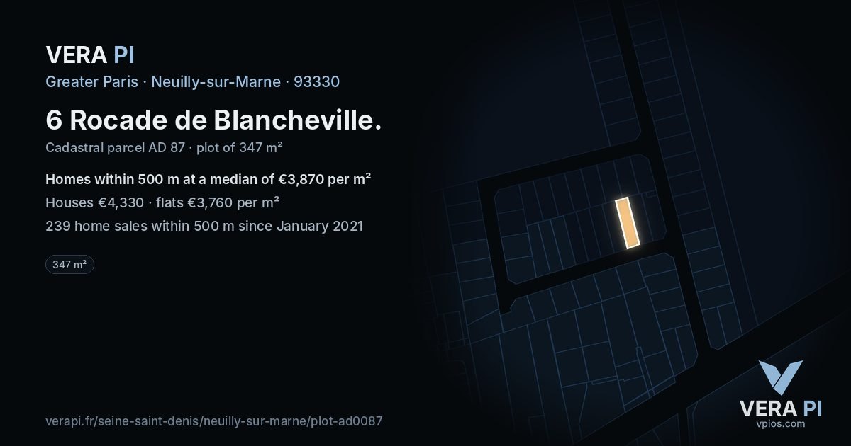 6 Rocade de Blancheville, Neuilly-sur-Marne at night – the plot lit, the parcels around coloured by the prices near them