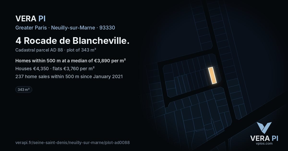 4 Rocade de Blancheville, Neuilly-sur-Marne at night – the plot lit, the parcels around coloured by the prices near them