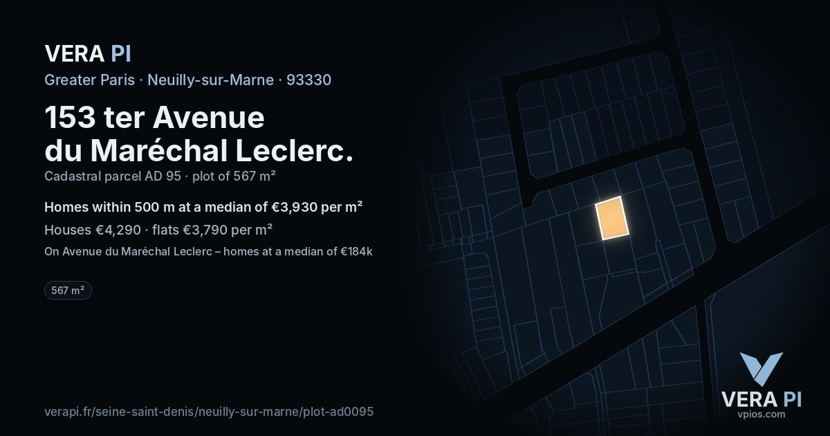 153 ter Avenue du Maréchal Leclerc, Neuilly-sur-Marne at night – the plot lit, the parcels around coloured by the prices near them