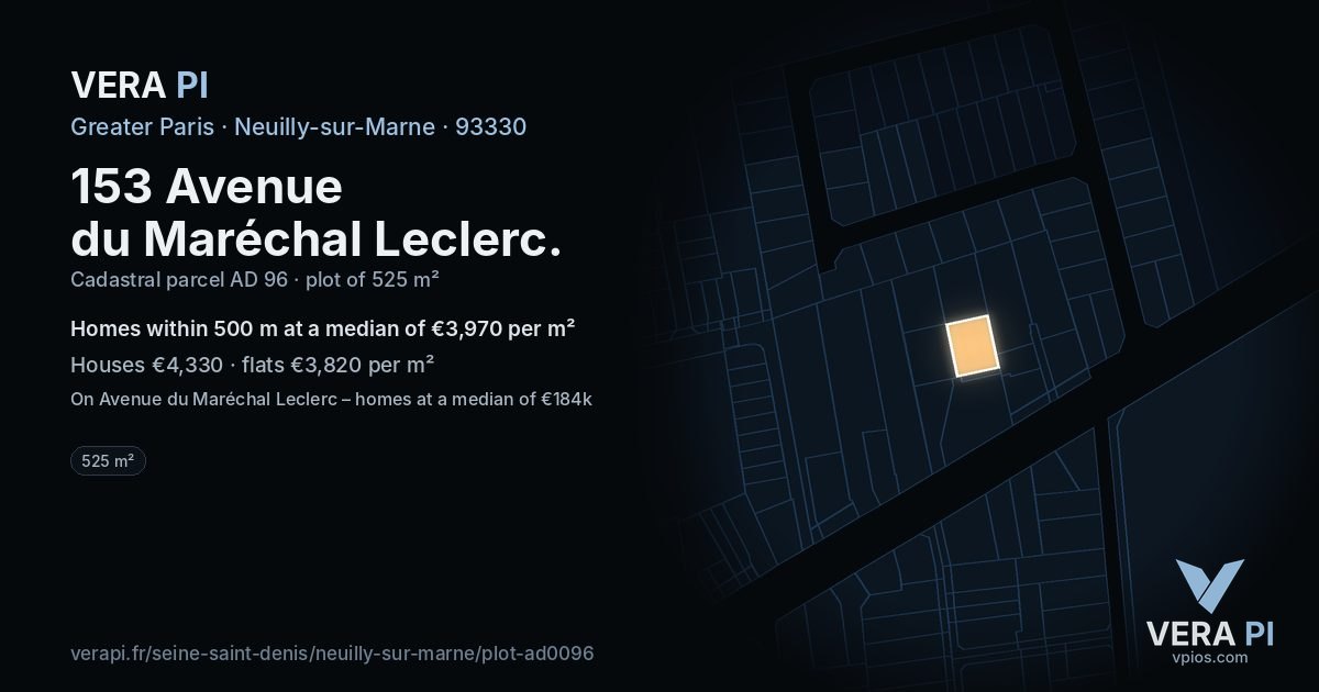 153 Avenue du Maréchal Leclerc, Neuilly-sur-Marne at night – the plot lit, the parcels around coloured by the prices near them