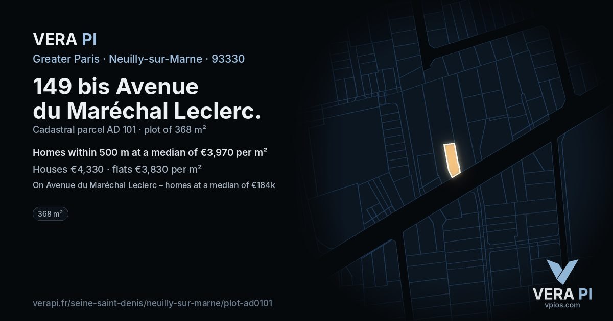 149 bis Avenue du Maréchal Leclerc, Neuilly-sur-Marne at night – the plot lit, the parcels around coloured by the prices near them