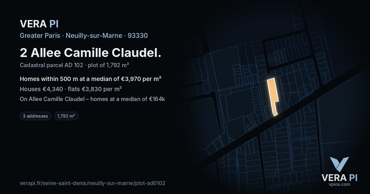 2 Allee Camille Claudel, Neuilly-sur-Marne at night – the plot lit, the parcels around coloured by the prices near them