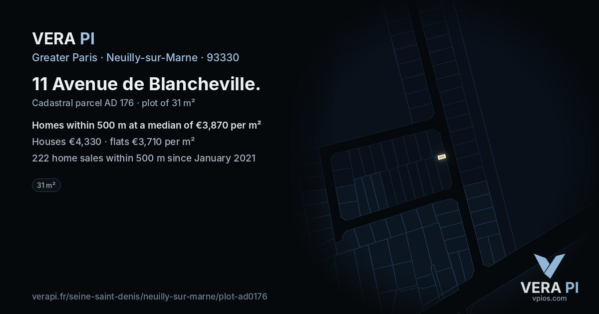 11 Avenue de Blancheville, Neuilly-sur-Marne at night – the plot lit, the parcels around coloured by the prices near them