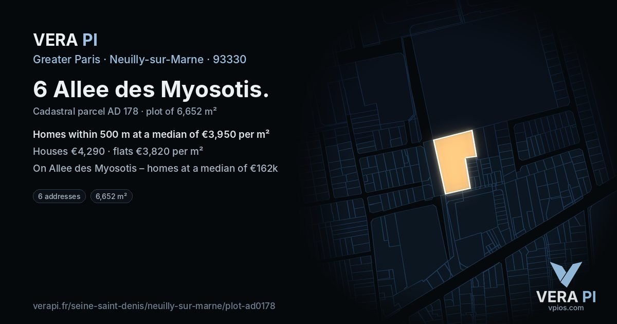 6 Allee des Myosotis, Neuilly-sur-Marne at night – the plot lit, the parcels around coloured by the prices near them