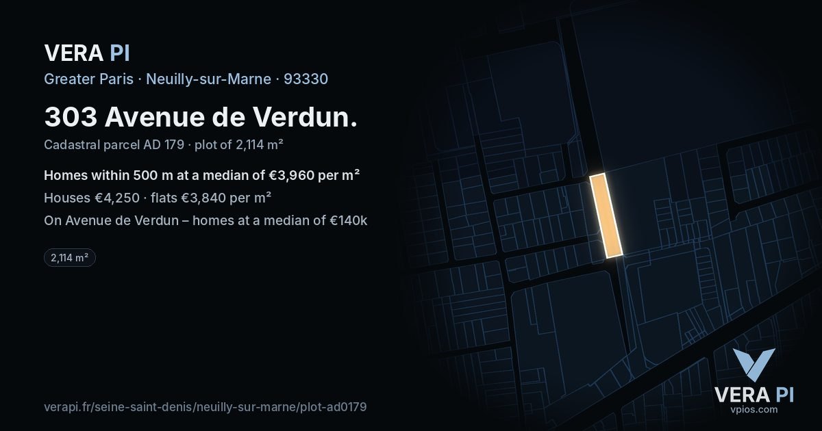 303 Avenue de Verdun, Neuilly-sur-Marne at night – the plot lit, the parcels around coloured by the prices near them