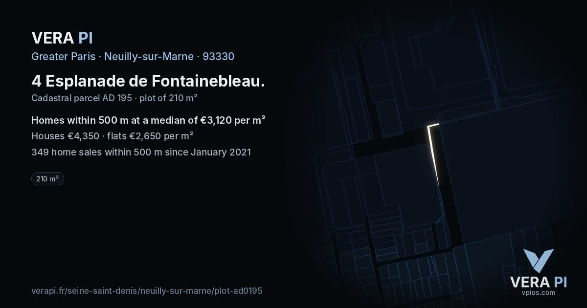 4 Esplanade de Fontainebleau, Neuilly-sur-Marne at night – the plot lit, the parcels around coloured by the prices near them