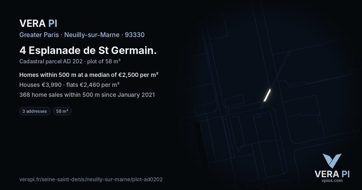 4 Esplanade de St Germain, Neuilly-sur-Marne at night – the plot lit, the parcels around coloured by the prices near them