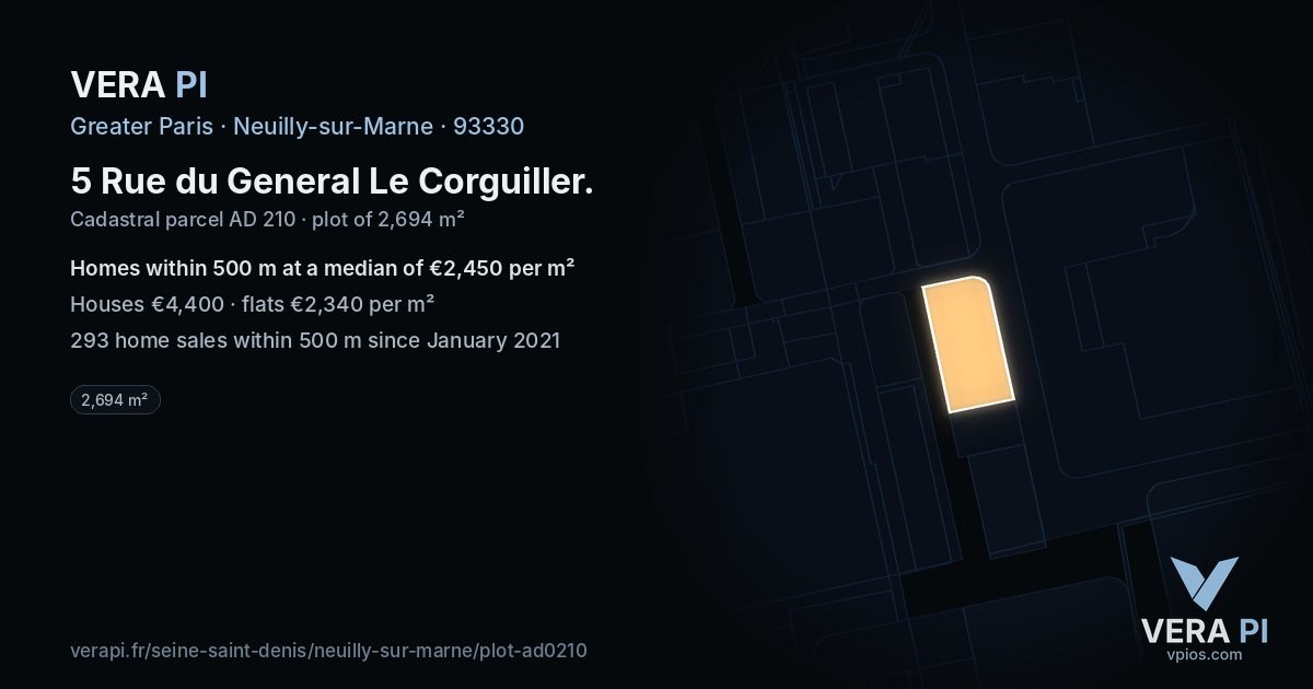 5 Rue du General Le Corguiller, Neuilly-sur-Marne at night – the plot lit, the parcels around coloured by the prices near them