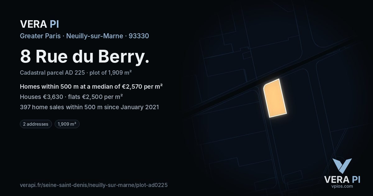 8 Rue du Berry, Neuilly-sur-Marne at night – the plot lit, the parcels around coloured by the prices near them