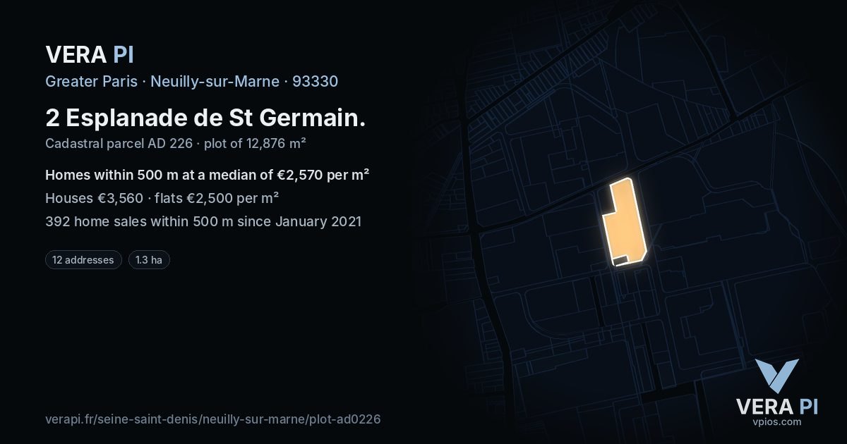2 Esplanade de St Germain, Neuilly-sur-Marne at night – the plot lit, the parcels around coloured by the prices near them