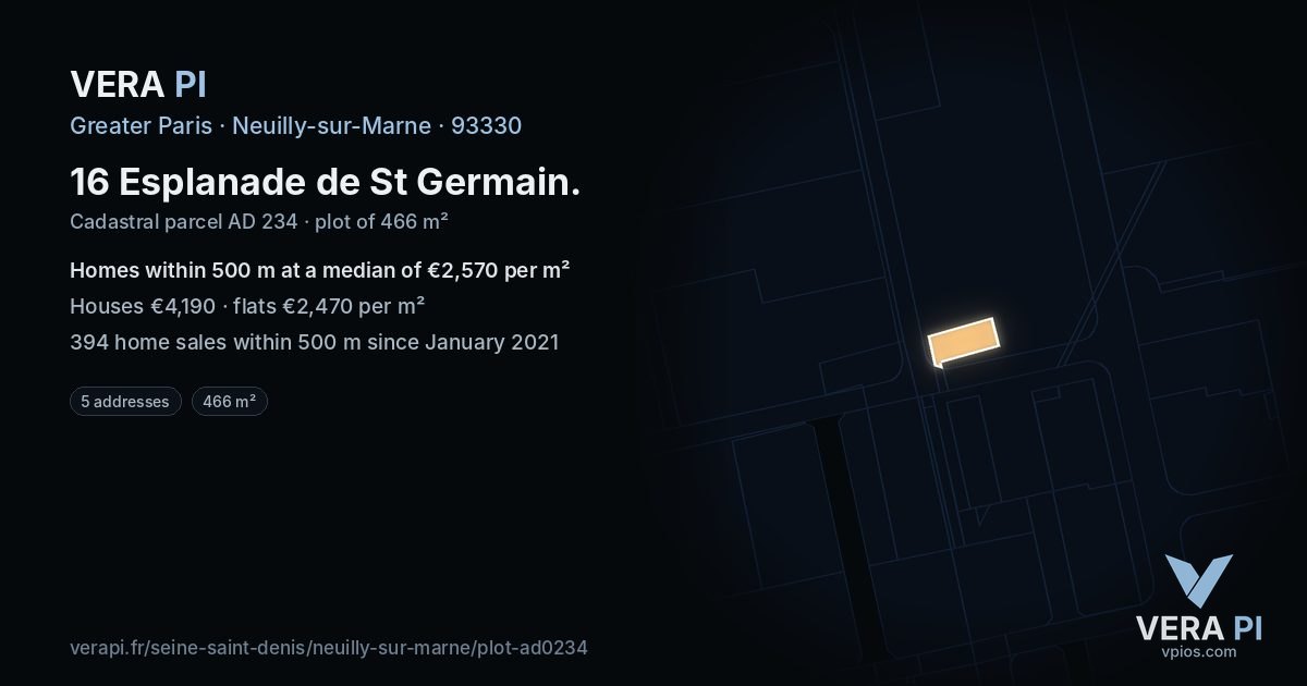 16 Esplanade de St Germain, Neuilly-sur-Marne at night – the plot lit, the parcels around coloured by the prices near them