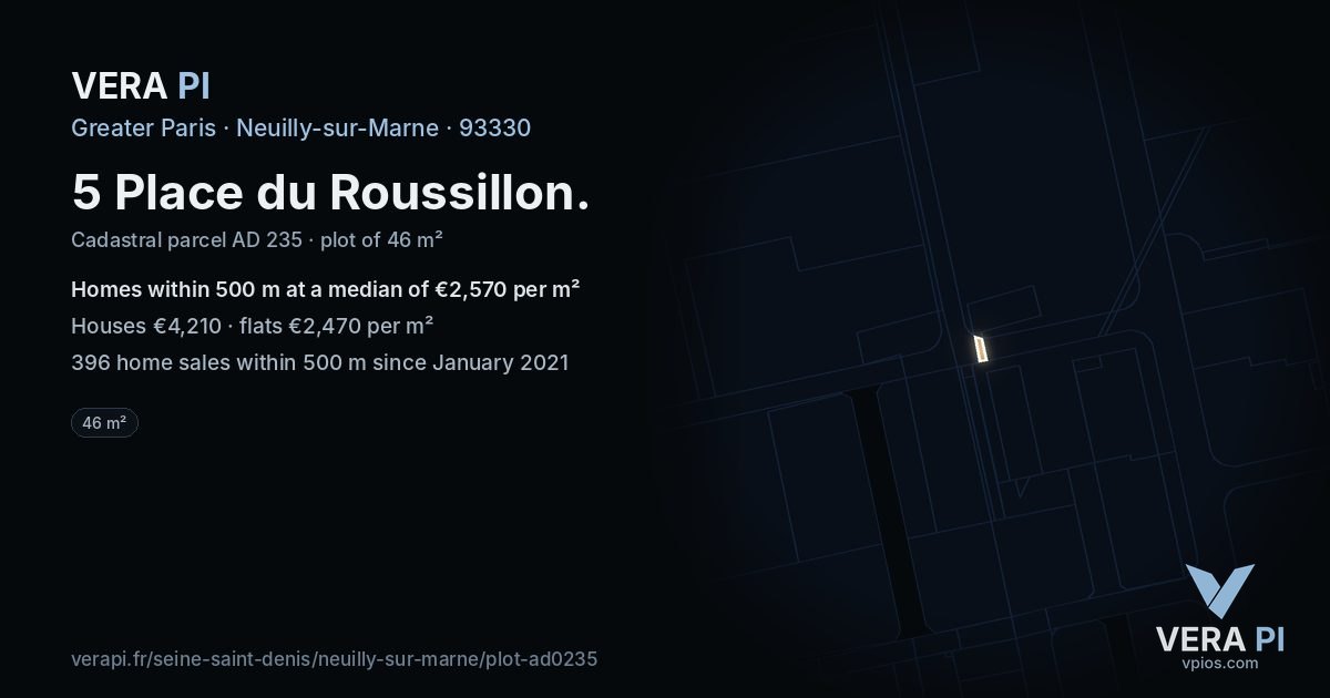 5 Place du Roussillon, Neuilly-sur-Marne at night – the plot lit, the parcels around coloured by the prices near them