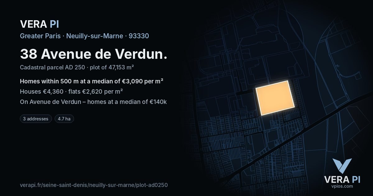 38 Avenue de Verdun, Neuilly-sur-Marne at night – the plot lit, the parcels around coloured by the prices near them
