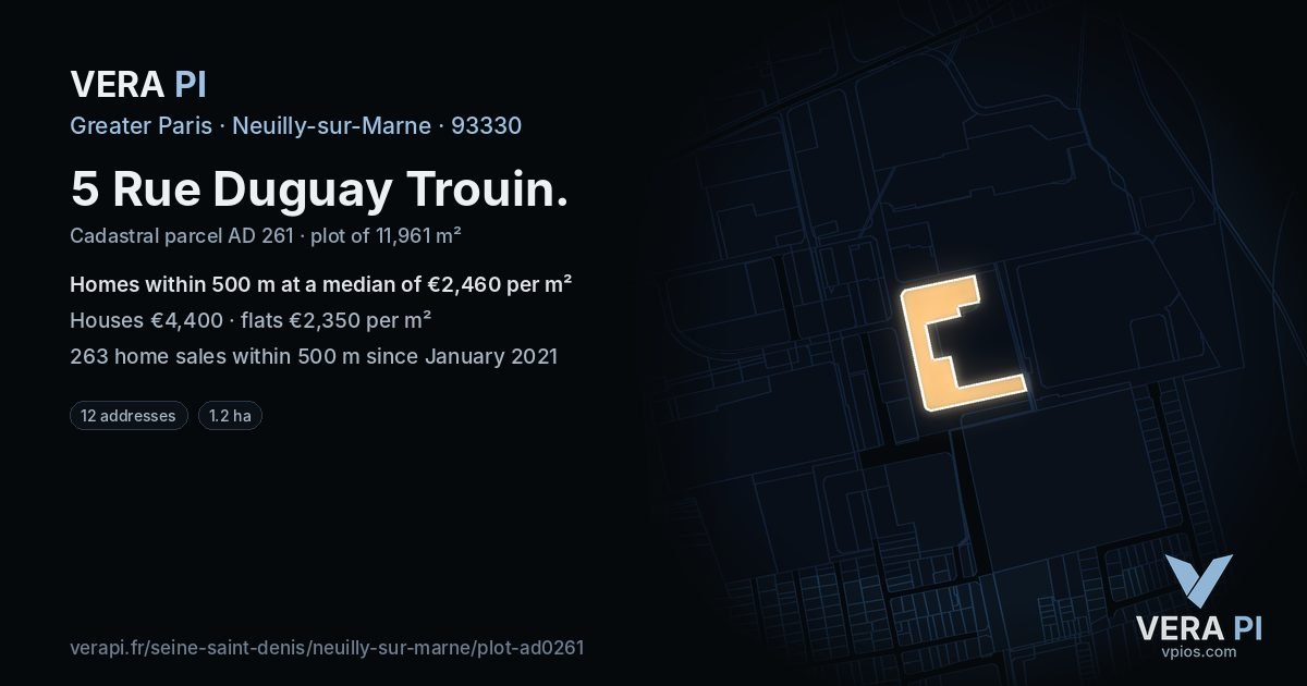 5 Rue Duguay Trouin, Neuilly-sur-Marne at night – the plot lit, the parcels around coloured by the prices near them