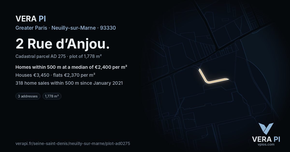 2 Rue d’Anjou, Neuilly-sur-Marne at night – the plot lit, the parcels around coloured by the prices near them