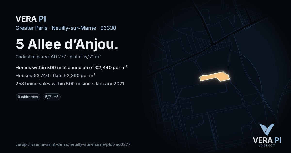 5 Allee d’Anjou, Neuilly-sur-Marne at night – the plot lit, the parcels around coloured by the prices near them