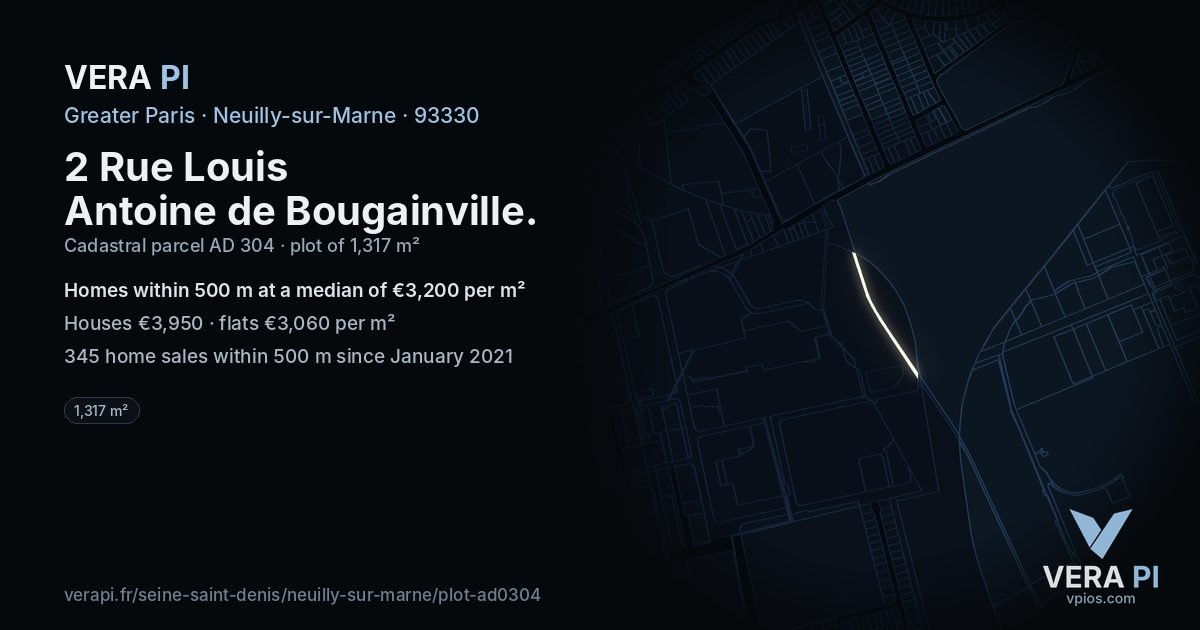 2 Rue Louis Antoine de Bougainville, Neuilly-sur-Marne at night – the plot lit, the parcels around coloured by the prices near them