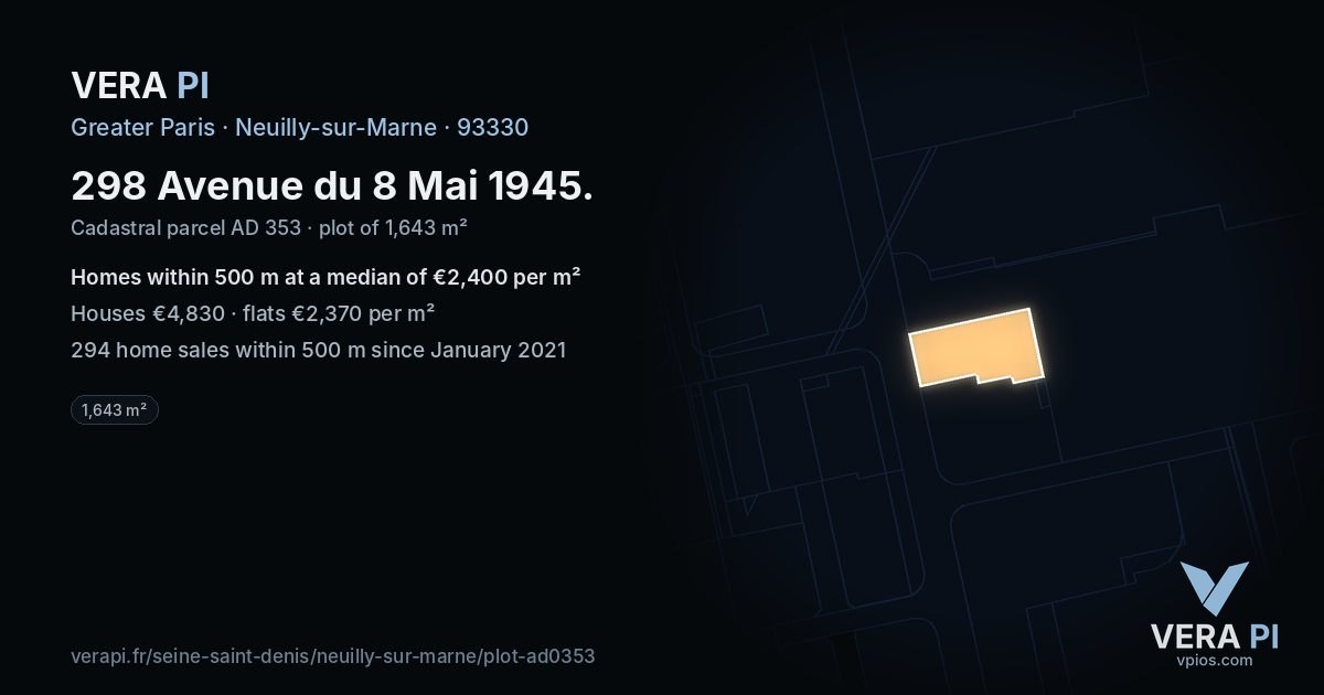 298 Avenue du 8 Mai 1945, Neuilly-sur-Marne at night – the plot lit, the parcels around coloured by the prices near them