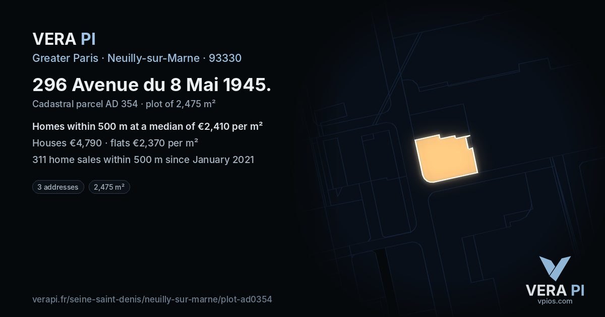 296 Avenue du 8 Mai 1945, Neuilly-sur-Marne at night – the plot lit, the parcels around coloured by the prices near them