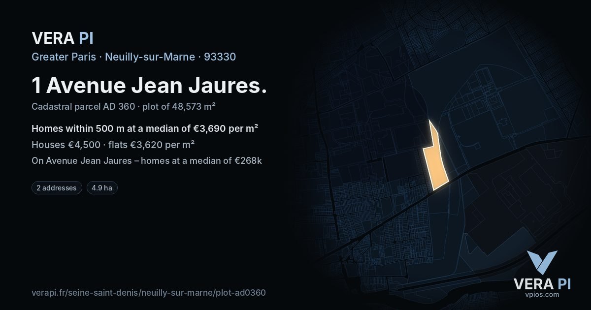 1 Avenue Jean Jaures, Neuilly-sur-Marne at night – the plot lit, the parcels around coloured by the prices near them