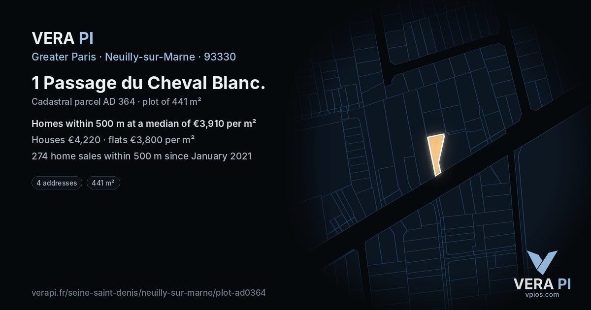 1 Passage du Cheval Blanc, Neuilly-sur-Marne at night – the plot lit, the parcels around coloured by the prices near them