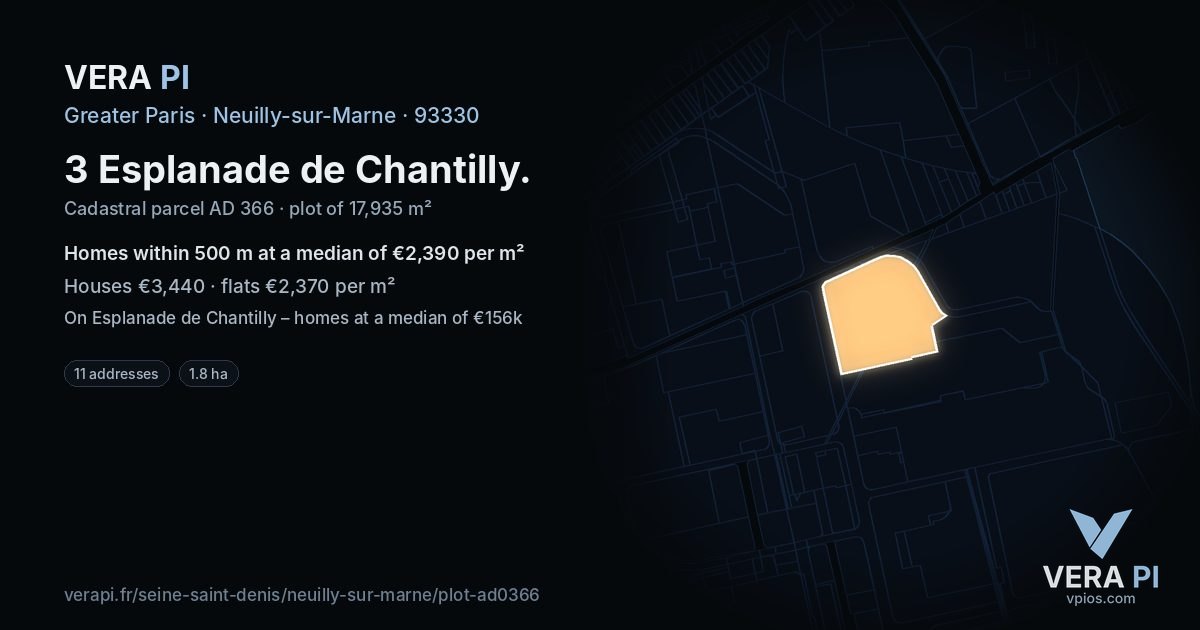 3 Esplanade de Chantilly, Neuilly-sur-Marne at night – the plot lit, the parcels around coloured by the prices near them