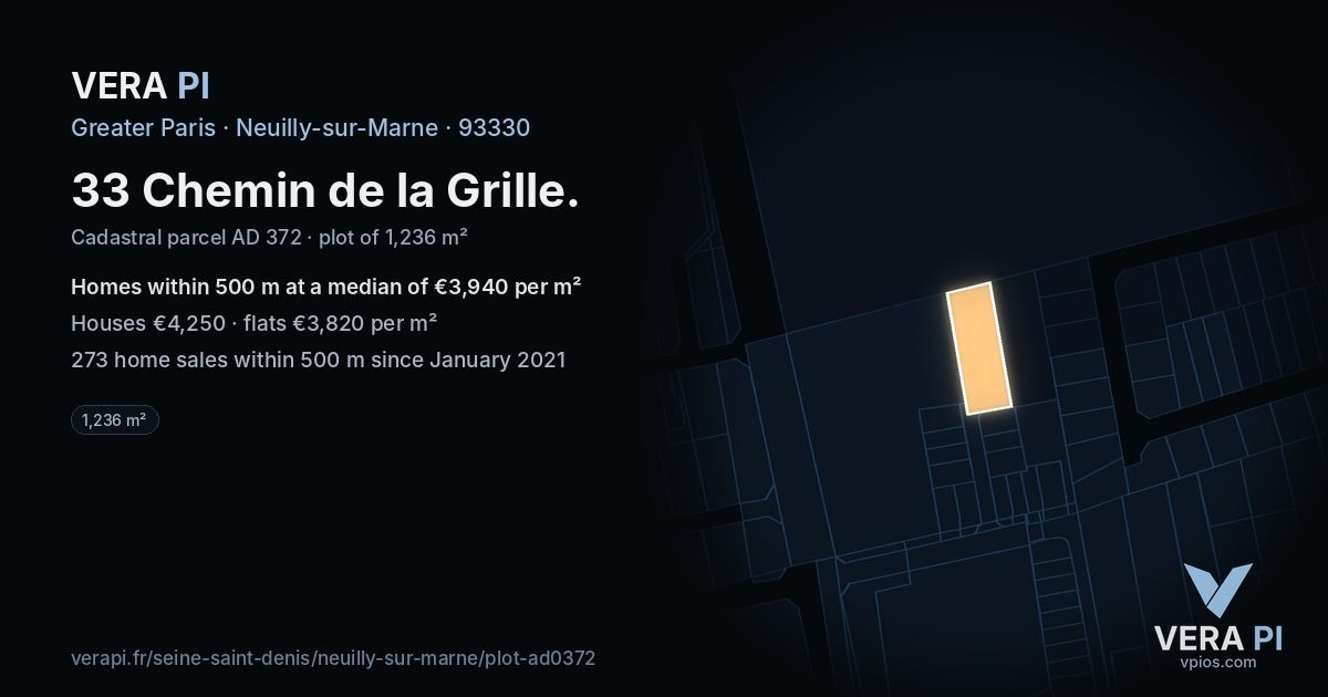 33 Chemin de la Grille, Neuilly-sur-Marne at night – the plot lit, the parcels around coloured by the prices near them