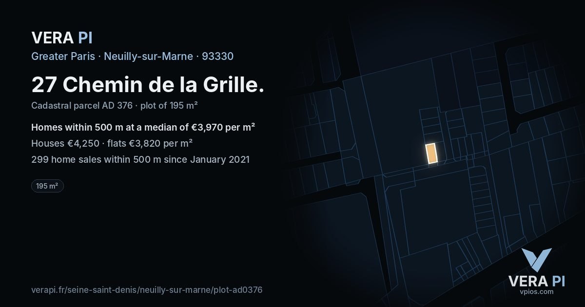 27 Chemin de la Grille, Neuilly-sur-Marne at night – the plot lit, the parcels around coloured by the prices near them
