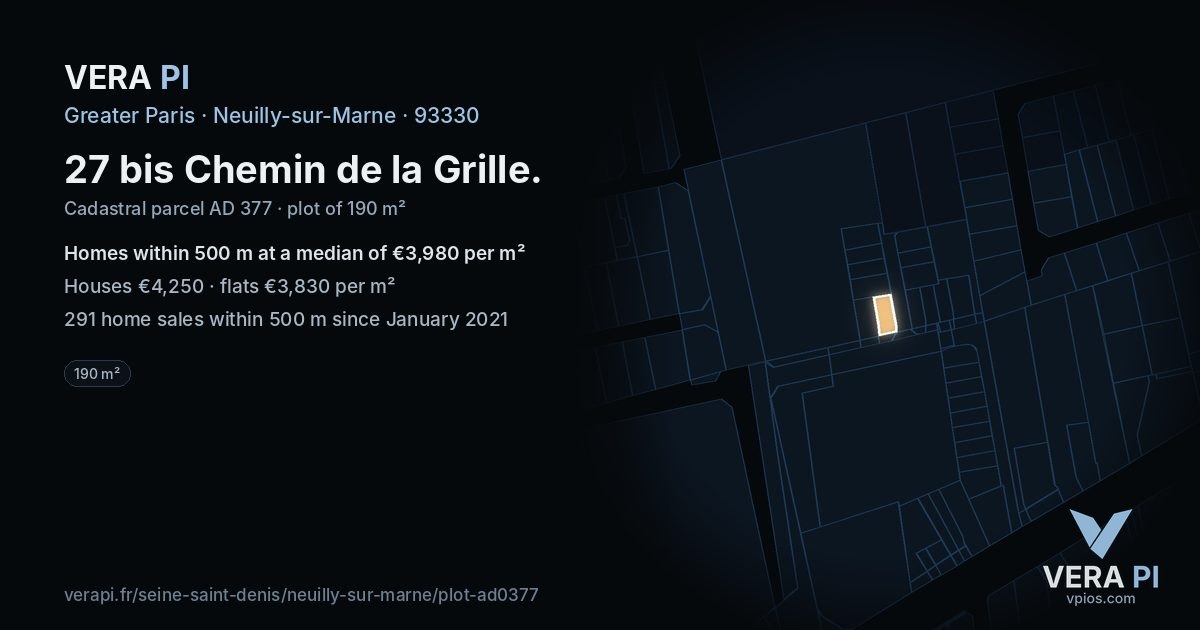 27 bis Chemin de la Grille, Neuilly-sur-Marne at night – the plot lit, the parcels around coloured by the prices near them