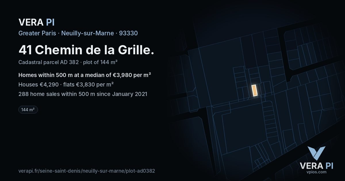 41 Chemin de la Grille, Neuilly-sur-Marne at night – the plot lit, the parcels around coloured by the prices near them