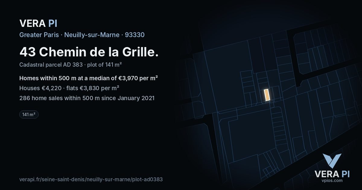 43 Chemin de la Grille, Neuilly-sur-Marne at night – the plot lit, the parcels around coloured by the prices near them