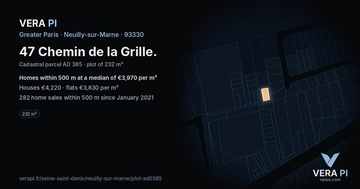 47 Chemin de la Grille, Neuilly-sur-Marne at night – the plot lit, the parcels around coloured by the prices near them