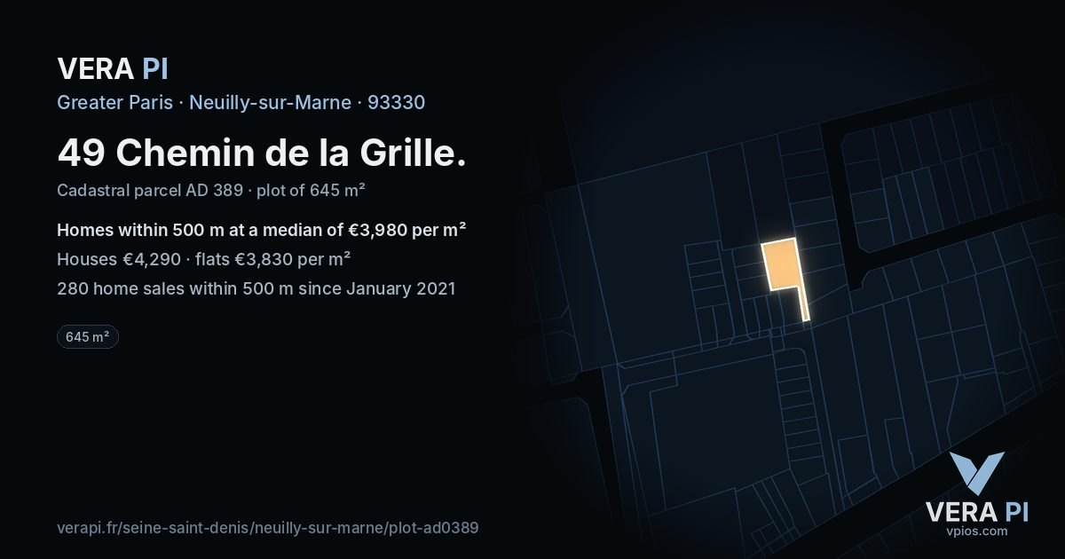 49 Chemin de la Grille, Neuilly-sur-Marne at night – the plot lit, the parcels around coloured by the prices near them