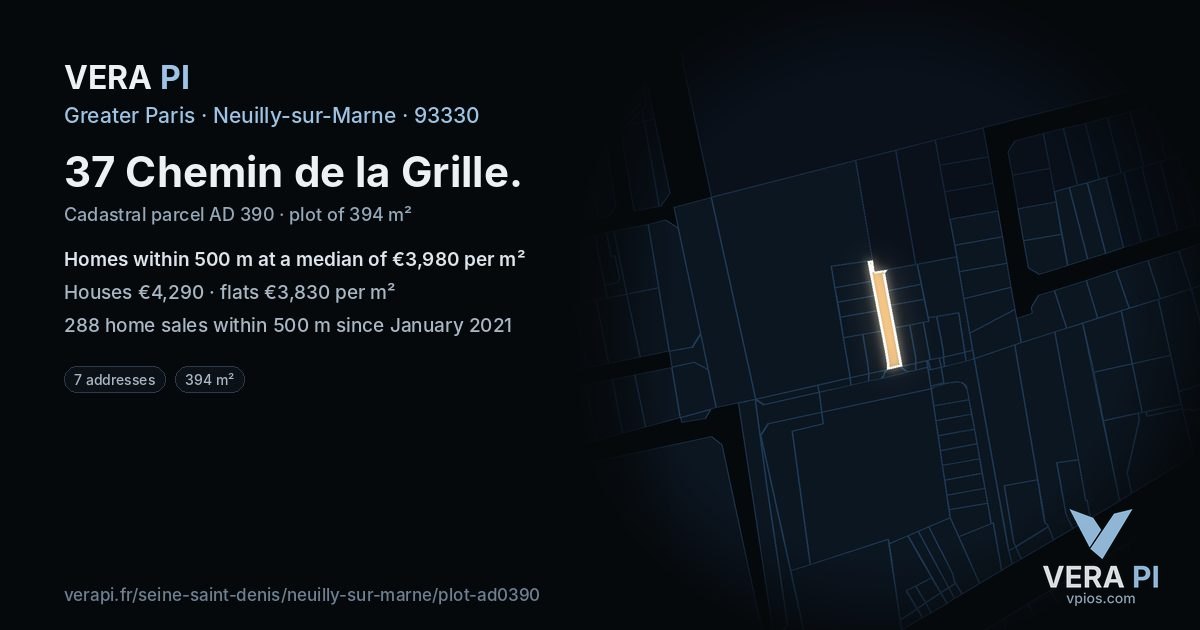 37 Chemin de la Grille, Neuilly-sur-Marne at night – the plot lit, the parcels around coloured by the prices near them