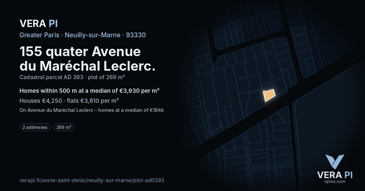 155 quater Avenue du Maréchal Leclerc, Neuilly-sur-Marne at night – the plot lit, the parcels around coloured by the prices near them
