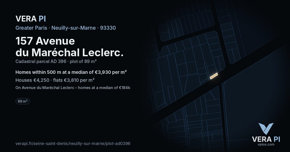 157 Avenue du Maréchal Leclerc, Neuilly-sur-Marne at night – the plot lit, the parcels around coloured by the prices near them