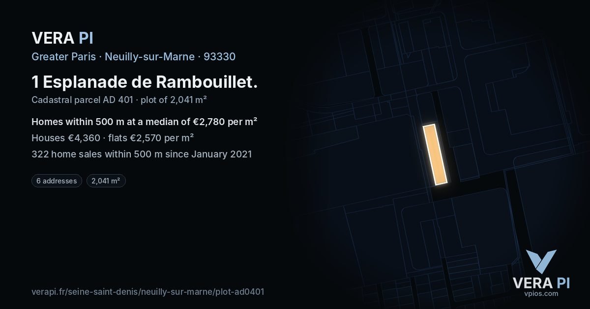 1 Esplanade de Rambouillet, Neuilly-sur-Marne at night – the plot lit, the parcels around coloured by the prices near them