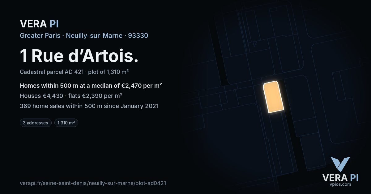 1 Rue d’Artois, Neuilly-sur-Marne at night – the plot lit, the parcels around coloured by the prices near them