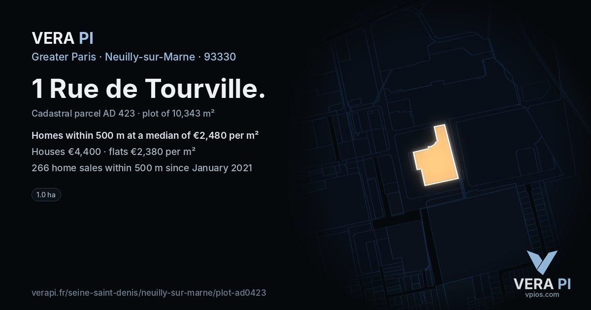1 Rue de Tourville, Neuilly-sur-Marne at night – the plot lit, the parcels around coloured by the prices near them