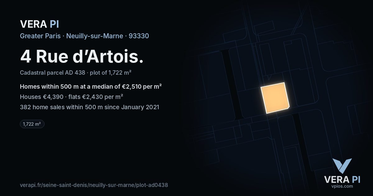 4 Rue d’Artois, Neuilly-sur-Marne at night – the plot lit, the parcels around coloured by the prices near them
