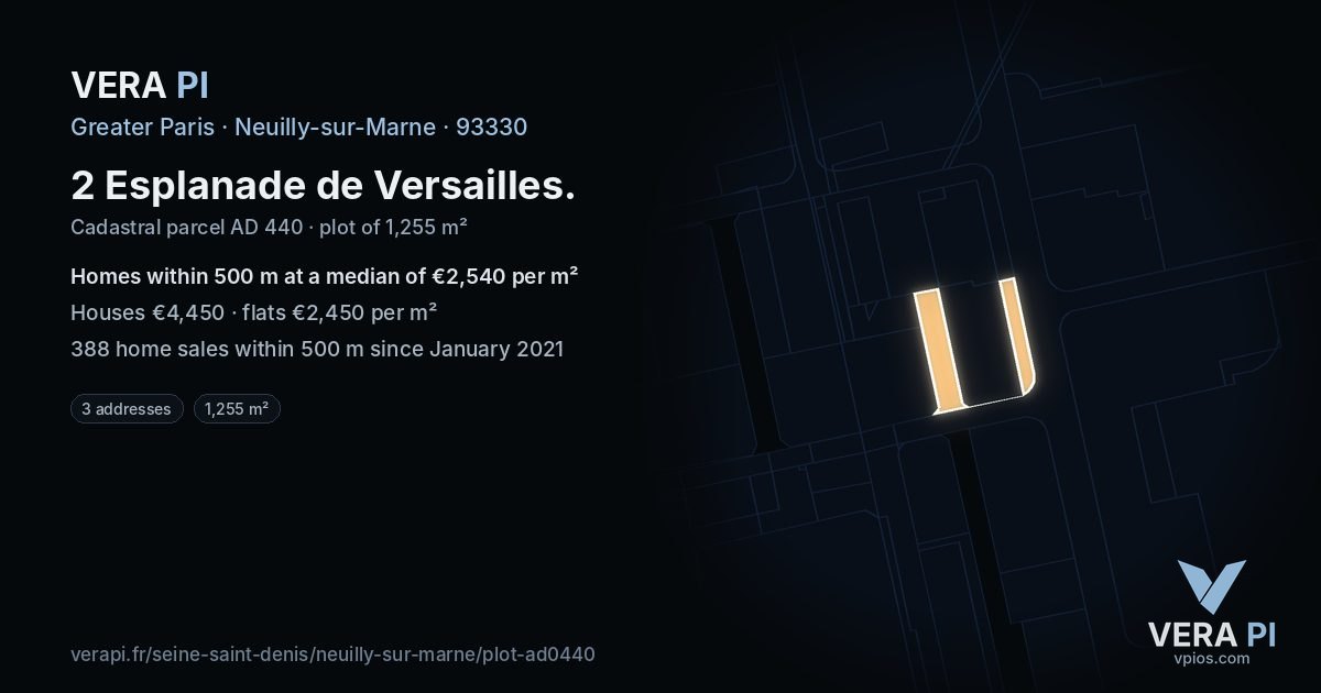 2 Esplanade de Versailles, Neuilly-sur-Marne at night – the plot lit, the parcels around coloured by the prices near them