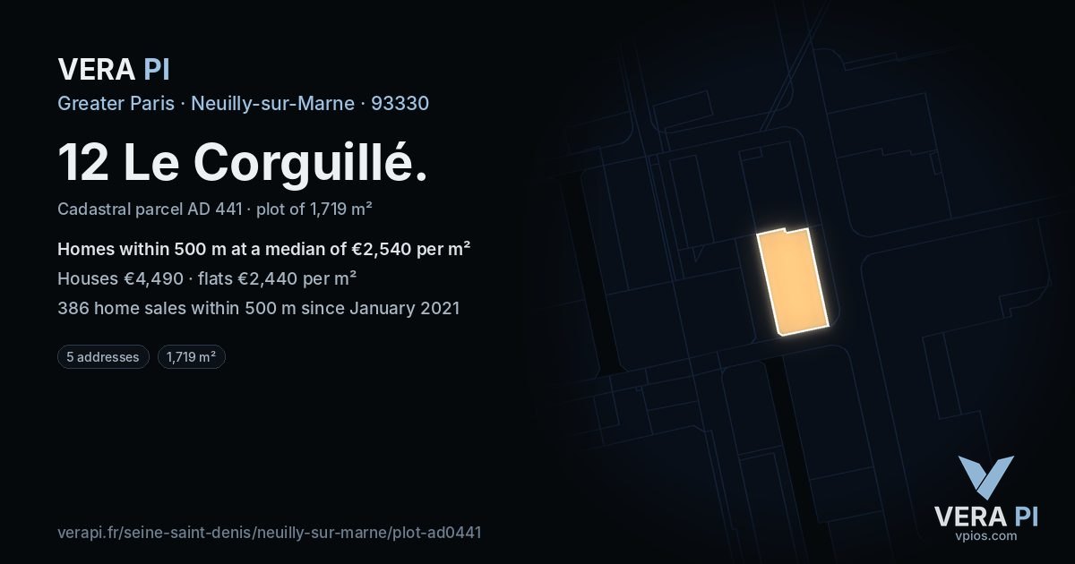 12 Le Corguillé, Neuilly-sur-Marne at night – the plot lit, the parcels around coloured by the prices near them