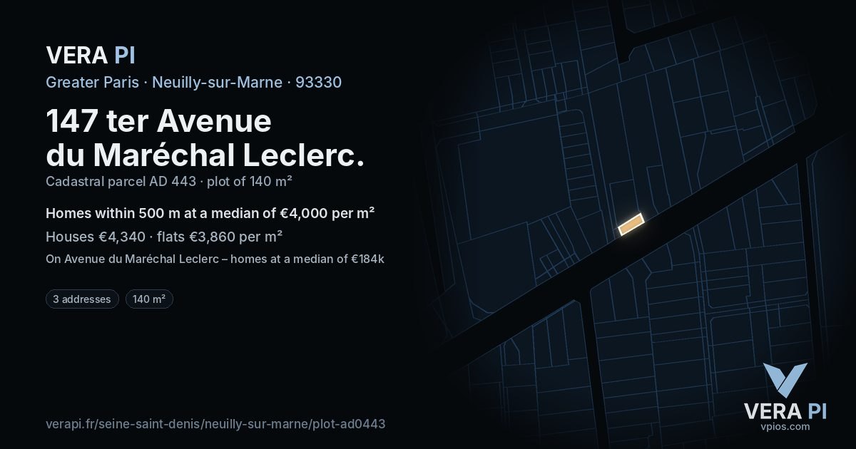 147 ter Avenue du Maréchal Leclerc, Neuilly-sur-Marne at night – the plot lit, the parcels around coloured by the prices near them